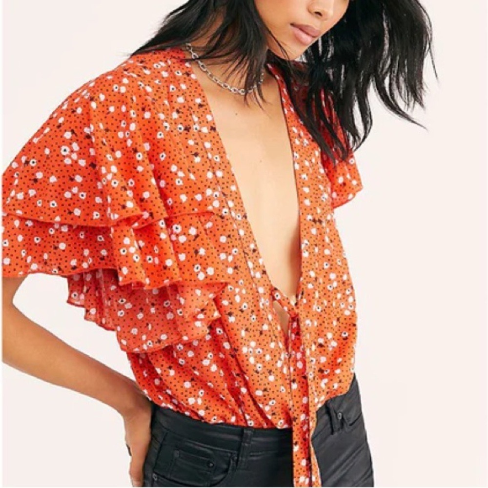Intimately Free People Call Me Later Floral Printed Bodysuit Blouse Womens Sz XS